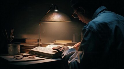 Man studying at a desk with a book and glasses under a desk lamp at night