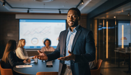 Businessman presenting to colleagues in a modern conference room with a projector screen