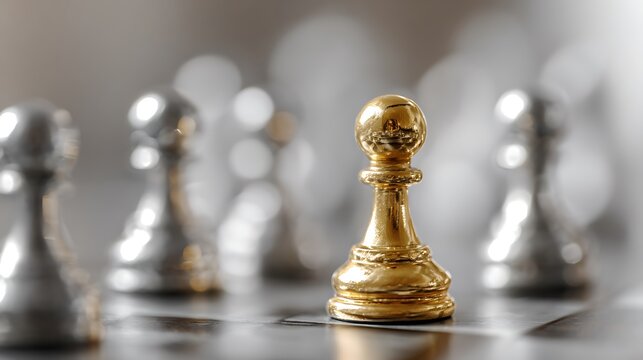 Close-up of gold pawn chess piece, in focus, on checkered board with blurred metallic pieces