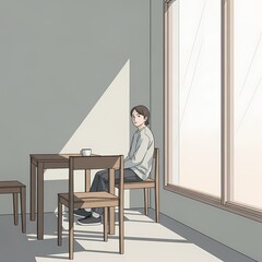 A person sitting alone at a table by the window in a quiet room with natural light