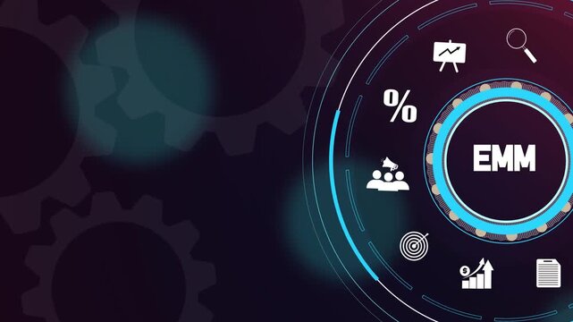 Enterprise mobility management with glowing neon corporate icons and digital gear wheels for business.