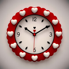 Decorative wall clock with a large red heart face and a frame of smaller hearts