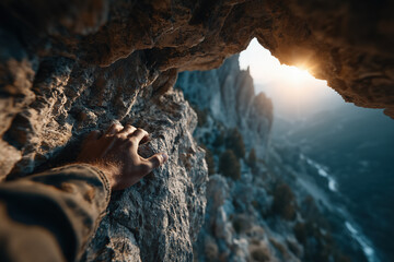 Man climbing rocky mountain at sunrise with view of valley in background