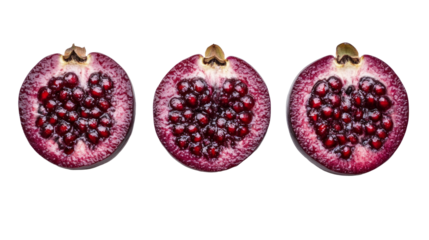 Three fresh pomegranate halves displaying red juicy arils, provided as a high quality PNG file on transparent background