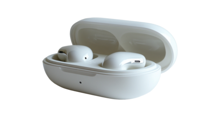 White wireless earbuds in an open charging case on transparent background PNG