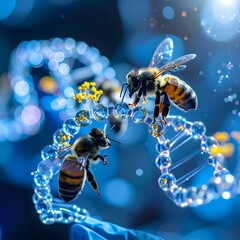 Bees explore DNA helix, surrounded by bokeh, hinting at science