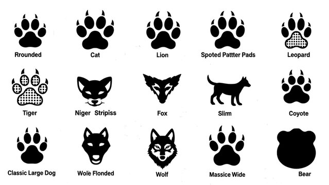 Wild animal paw tracks and predator face silhouette set
