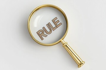 A close-up of a golden magnifying glass with the word 'RULE' written on it, held by a person's hand against a white background.