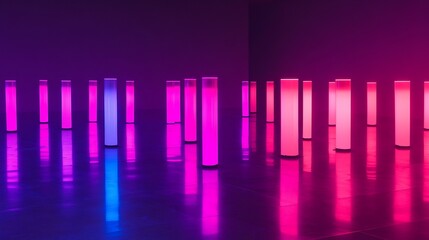 Row of neon light buffers in vibrant pink and purple arranged in an abstract pattern in a dark room casting intense light reflections on a glassy floor creating a sci fi atmosphere