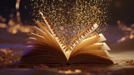 Open book with pages flying up and golden sparkles on a dark background - Powered by Adobe