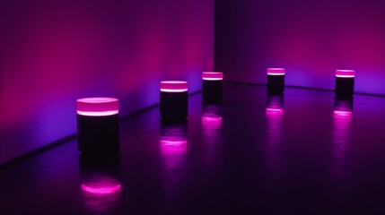 Row of neon light buffers in vibrant pink and purple arranged in an abstract pattern in a dark room casting intense light reflections on a glassy floor creating a sci fi atmosphere