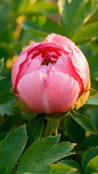 Time lapse,  growing blossom, single pink peony flower in full bloom showcases its delicate petals against backdrop of green leaves, radiating beauty and tranquility., nature, serenity, floral, spring