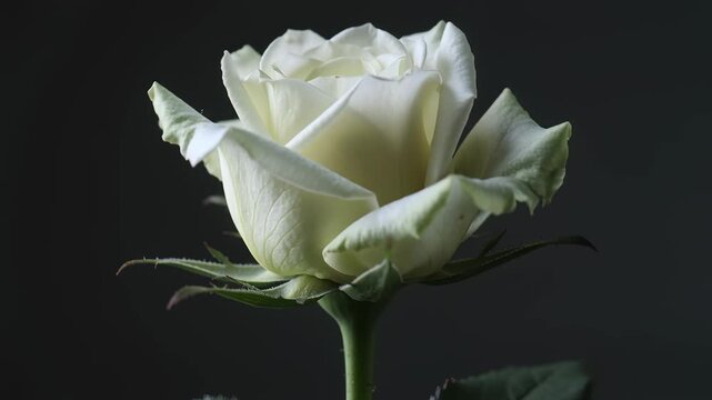 Time lapse,  growing blossom,white rose bud with green stem is in sharp focus against dark background, conveying tranquility and natural beauty, themes purity, romance, elegance, love, blossoms, obser