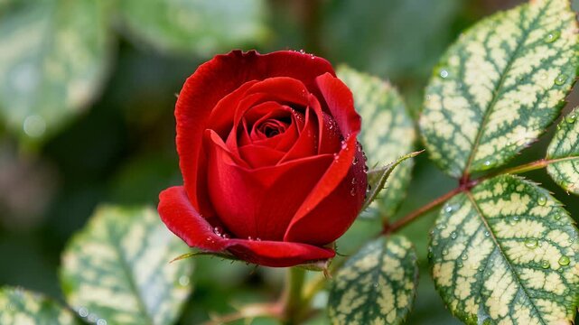 Time lapse,  growing blossom,vibrant red rose in full bloom, with lush green leaves and water droplets, sits outdoors, evoking tranquility and romantic beauty, nature themes, floral design, delicate b