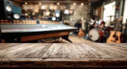 Obraz premium Vintage Wood Tabletop with Blurred Recording Studio and Musical Instruments.