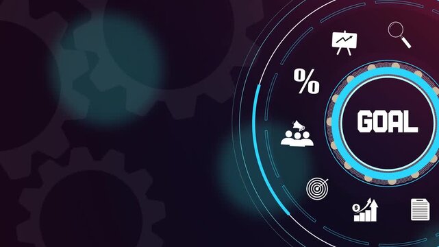 Achieving professional business goals through strategic planning and glowing neon digital gear icons.
