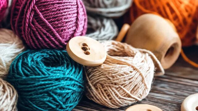 Close-up of various colored yarn balls and wooden buttons, arranged on a weathered wooden surface