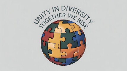Colorful puzzle pieces forming a sphere with text unity in diversity together we rise