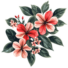Tropical Floral Bouquet Isolated on Transparent Background &ndash; Red and Pink Flowers with Green Leaves
