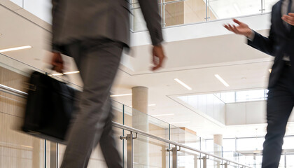 blurred motion of business professionals walking in a modern office building suggesting fast pace and career ambition high quality professional detailed