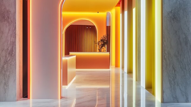 Row of neon light buffers in bright yellow and orange lining a sleek modern hallway casting a warm glow on marble floors and walls creating a vibrant and luxurious atmosphere