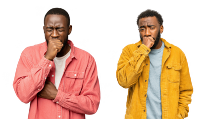 African Black Men Coughing with Illness Symptoms and Hand Covering Mouth isolated on transparent background png