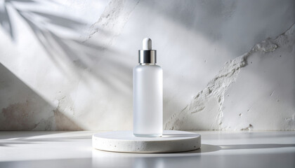 A clear bottle with a silver dropper lid stands on a white marble podium against a white textured background with subtle shadows