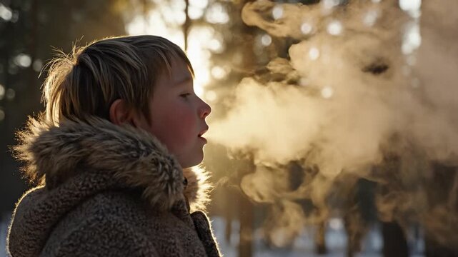 Profile of a young boy in a fur coat breathing out steam in a snowy forest during sunset. Represents childhood, winter, and cold weather. Great for seasonal promos.