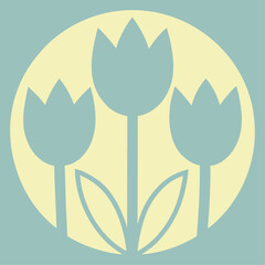 Minimalist geometric tulip icon featuring three blue flower silhouettes inside a yellow circle background.
