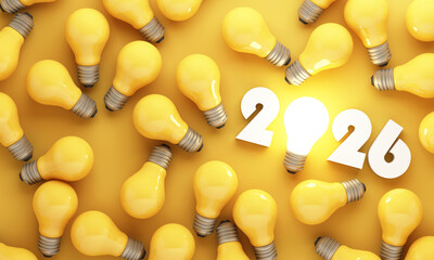 Innovation concept with one bright light bulb standing out among many yellow bulbs with 2026 number representing breakthrough ideas creativity and future success 3d rendering © Jokiewalker
