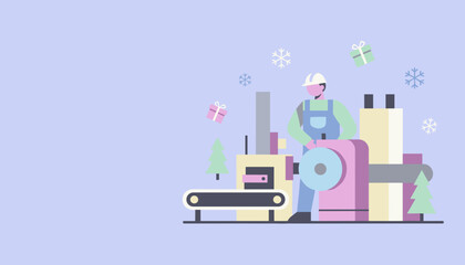 Fototapeta premium Worker producing Christmas gifts on a factory machine Holiday industry illustration
