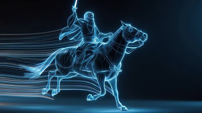 A Muslim soldier is riding a horse while carrying a sword in his hand