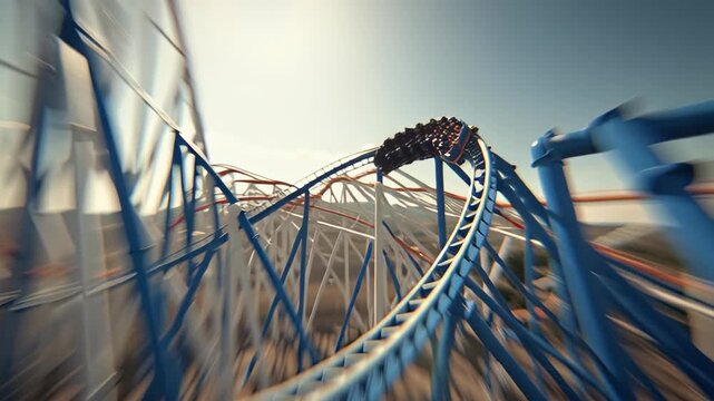 People enjoy the excitement of a high speed bike ride through the city park near a blue amusement theme park featuring a thrill ride roller coaster with a sky high helix loop and a bridge