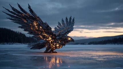 Majestic Metal Eagle Sculpture Glows at Twilight on Ice Lake