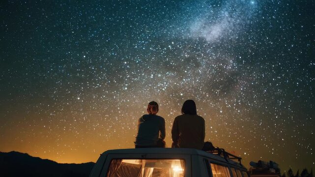Serene outdoor scene captures two people enjoying tranquil night atop vehicle, immersed in wonders cosmos. Sky is filled with countless stars, evoking sense adventure, wonder