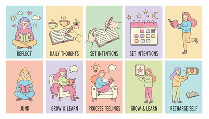 Fototapeta premium Selfcare and personal development set reading journaling reflection and setting intentions in pastel vector illustration