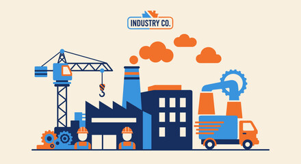 Naklejka premium Flat vector illustration of industry factory construction site logistics and workers