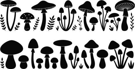 Mushroom silhouettes set with forest fungi plants and botanical elements black vector illustration collection for nature decor and design © Hello there