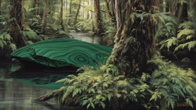 A painting of a forest scene with a green, layered stone formation in a reflective body of water