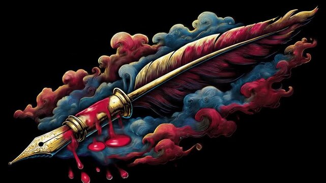 Artistic depiction of a feather quill with red ink spilling against a backdrop of swirling cloud elements