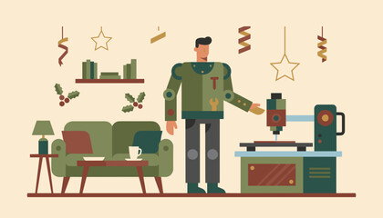 Modern maker crafting a holiday project on a machine in a festive cozy home setting