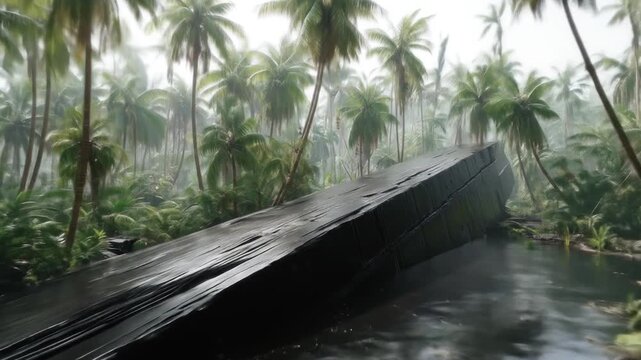 A dark, monolithic structure in a tropical swamp surrounded by lush palms, under a misty, overcast sky