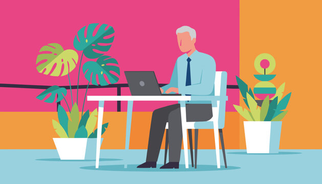 Flat design illustration of an older man working on a laptop in a trendy office setting - Powered by Adobe