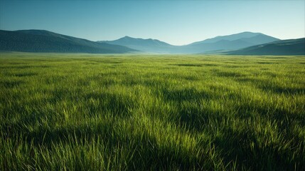 Fototapeta premium Vast emerald green grassland with distant mountains under morning sunlight