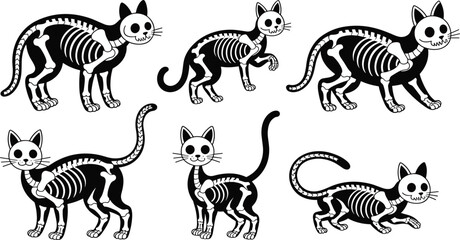 Obraz premium Cat skeleton silhouette illustration set, anatomical poses for Halloween or education, cad drawing flat vector artwork, black and white theme