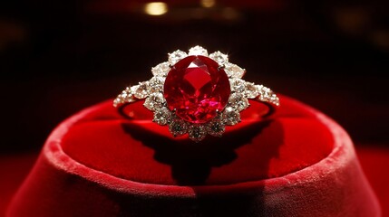 Royal inspired ring with a large ruby gemstone in the center framed by smaller diamonds giving an air of luxury displayed on a deep red velvet cushion in soft lighting