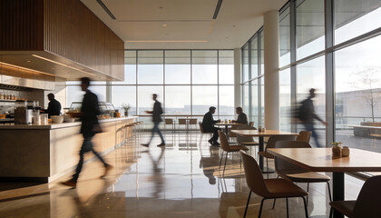 a modern cafeteria space featuring blurred individuals moving around with large windows showcasing a scenic outdoor view a bright atmosphere