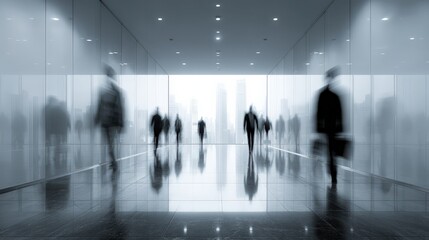 Motion blur of business people walking in modern office corridor with reflective floor