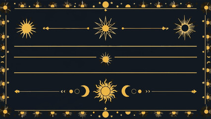 Mystical Golden Sun and Moon Celestial Vector Frame and Horizontal Divider Collection isolated PNG with Transparent Background