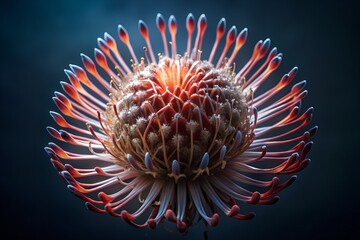 Moody Close-Up of Leucospermum Flower Glowing in Dark Background
